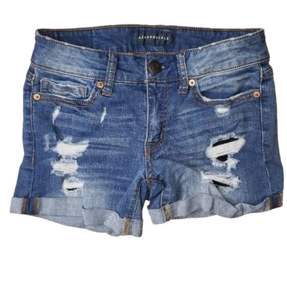 Aeropostale Distressed Destroyed Denim Jean Midi Shorts Size 00